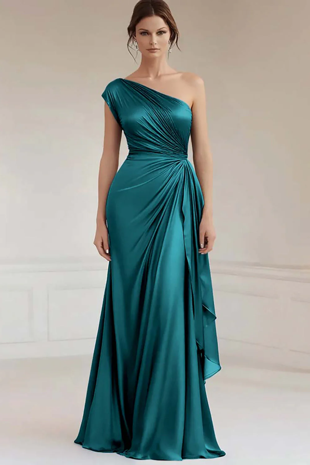 One Shoulder Grey Blue Ruched Evening Dress - Image 7