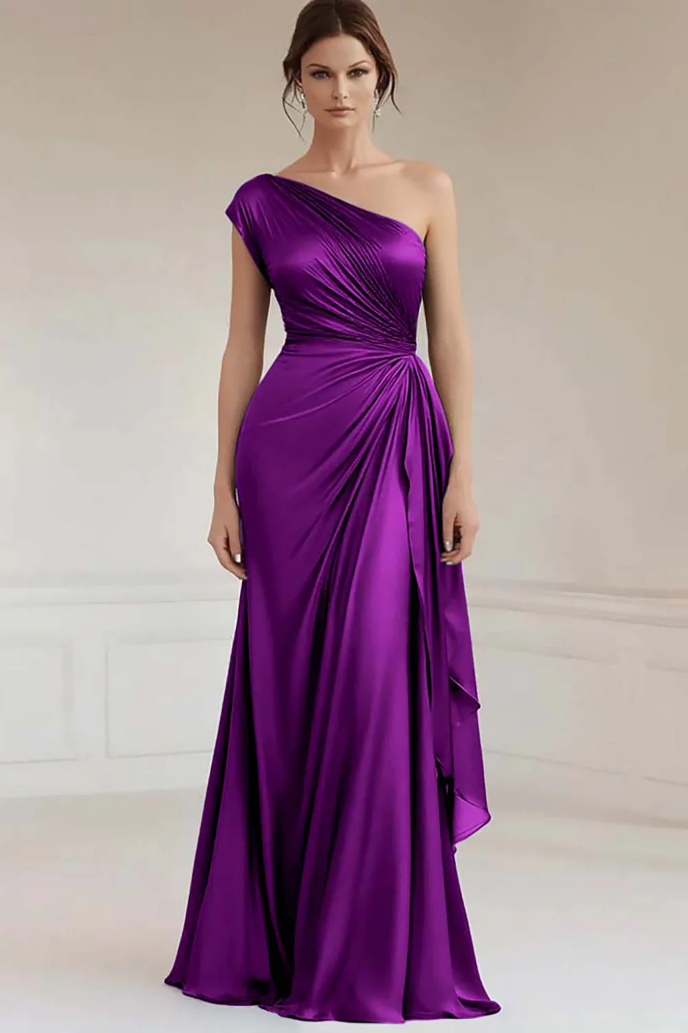 One Shoulder Grey Blue Ruched Evening Dress - Image 8