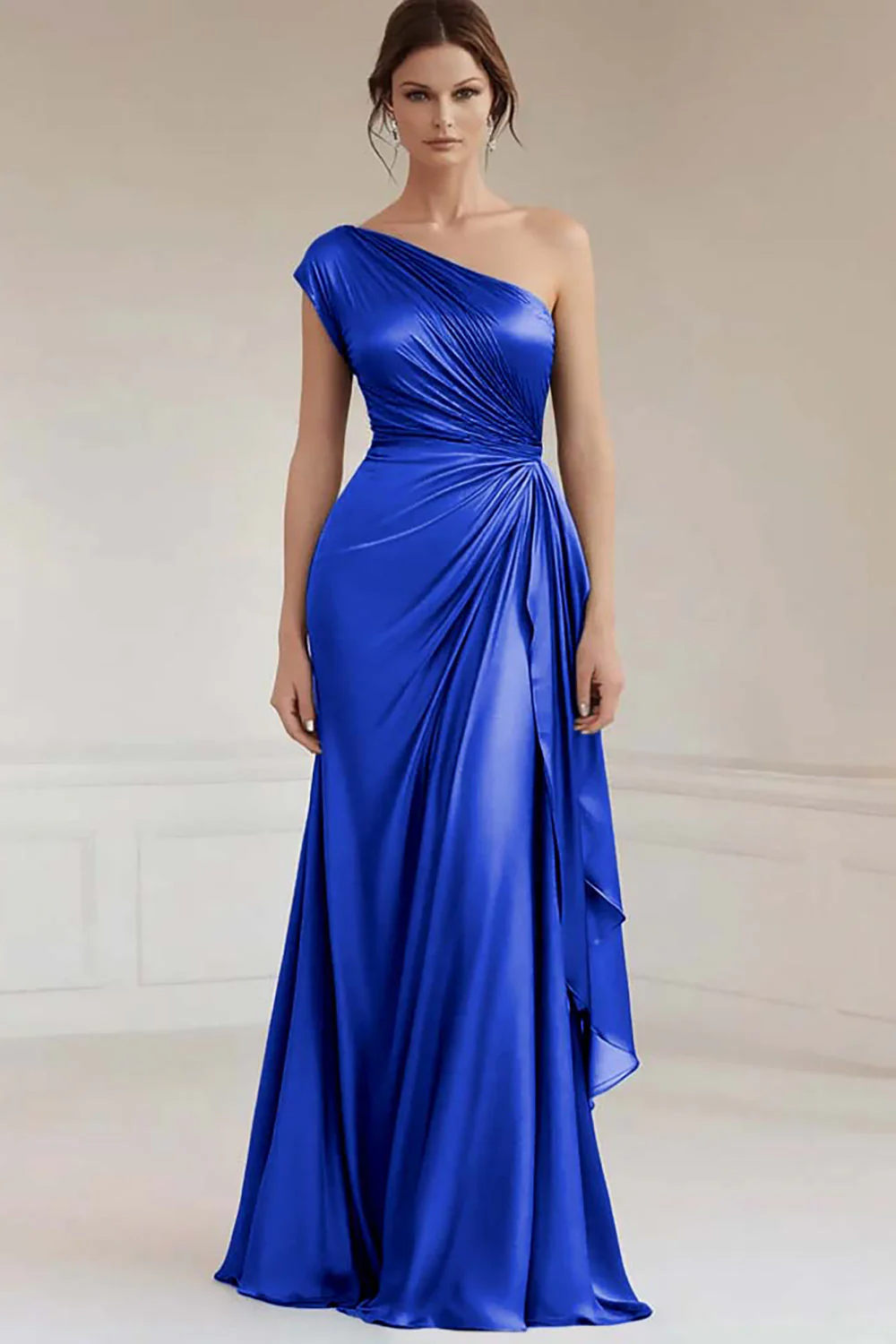 One Shoulder Grey Blue Ruched Evening Dress - Image 9