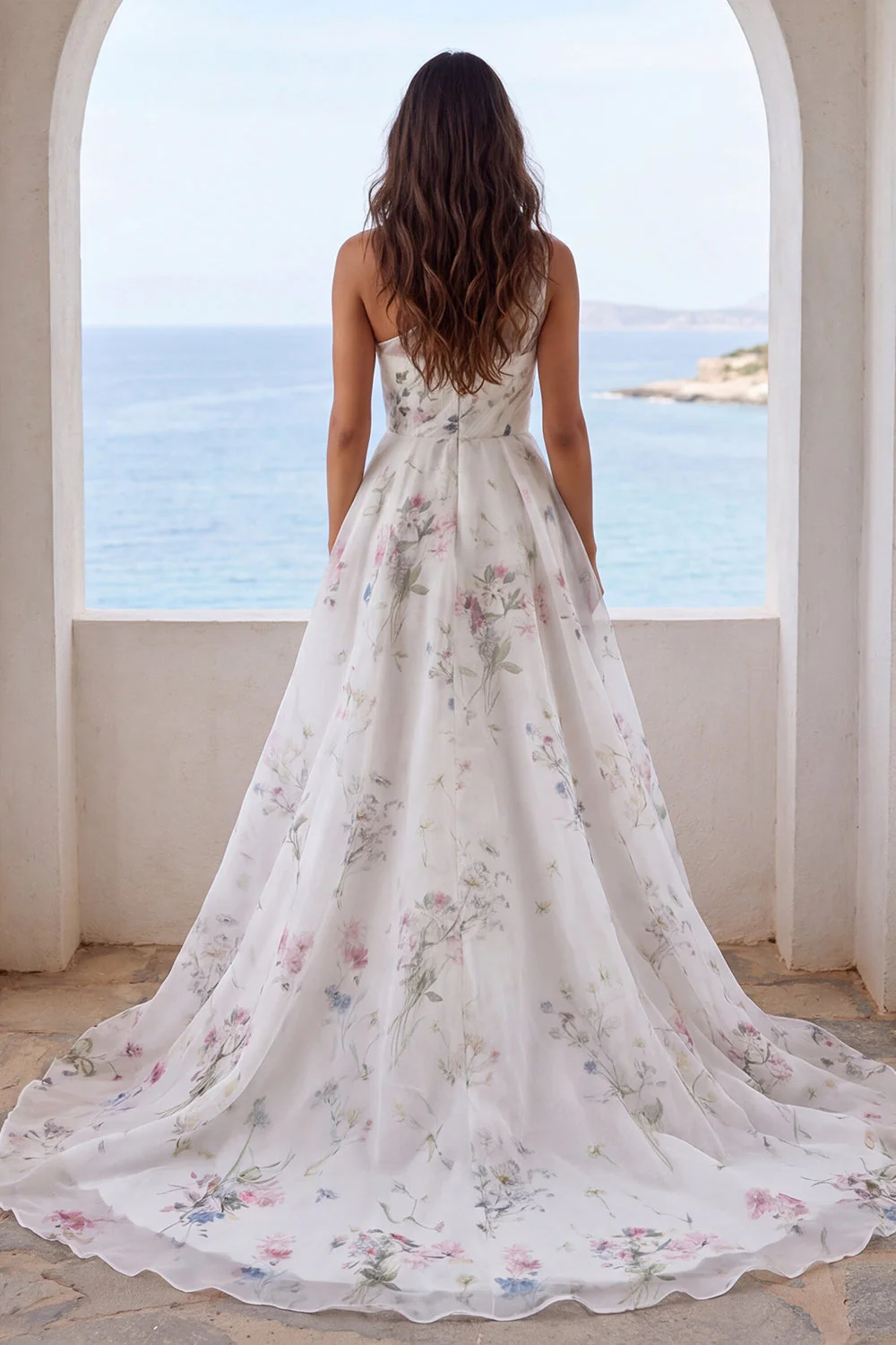 One Shoulder Ivory A Line Printed Floral Wedding Dress with Slit - Image 2