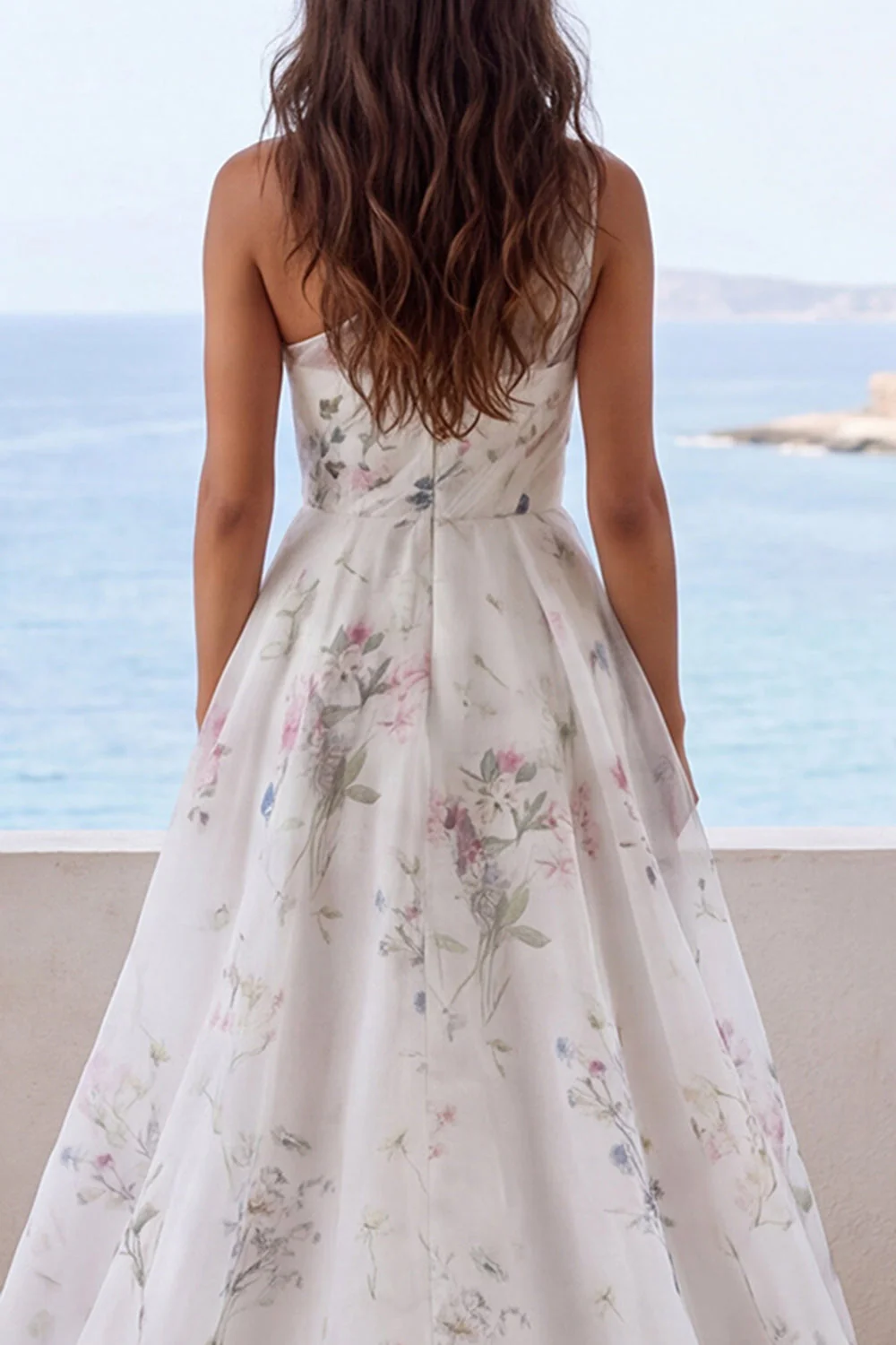 One Shoulder Ivory A Line Printed Floral Wedding Dress with Slit - Image 4