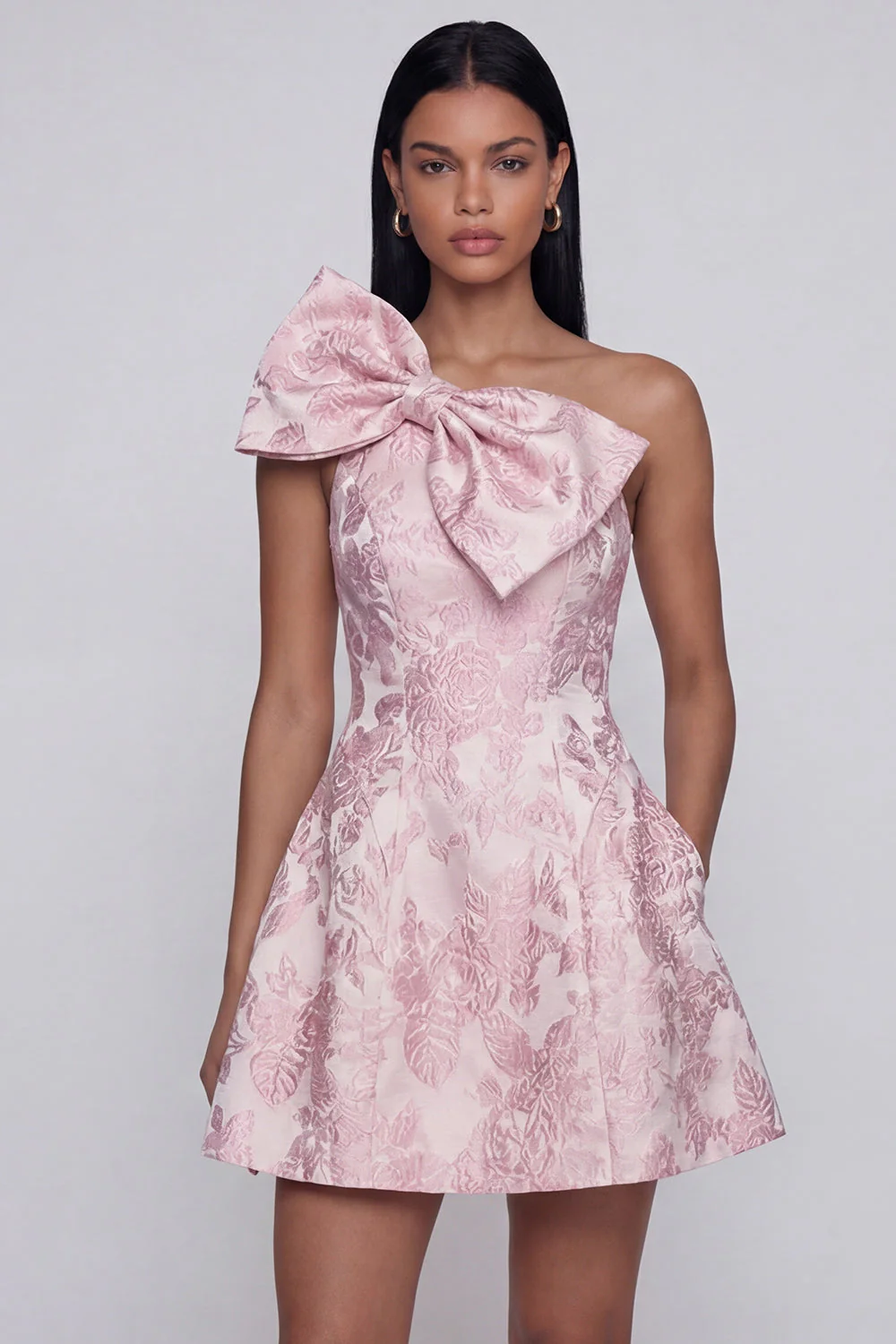 One Shoulder Jacquard A-Line Pink Mini Floral Dress With Bow - Image 3