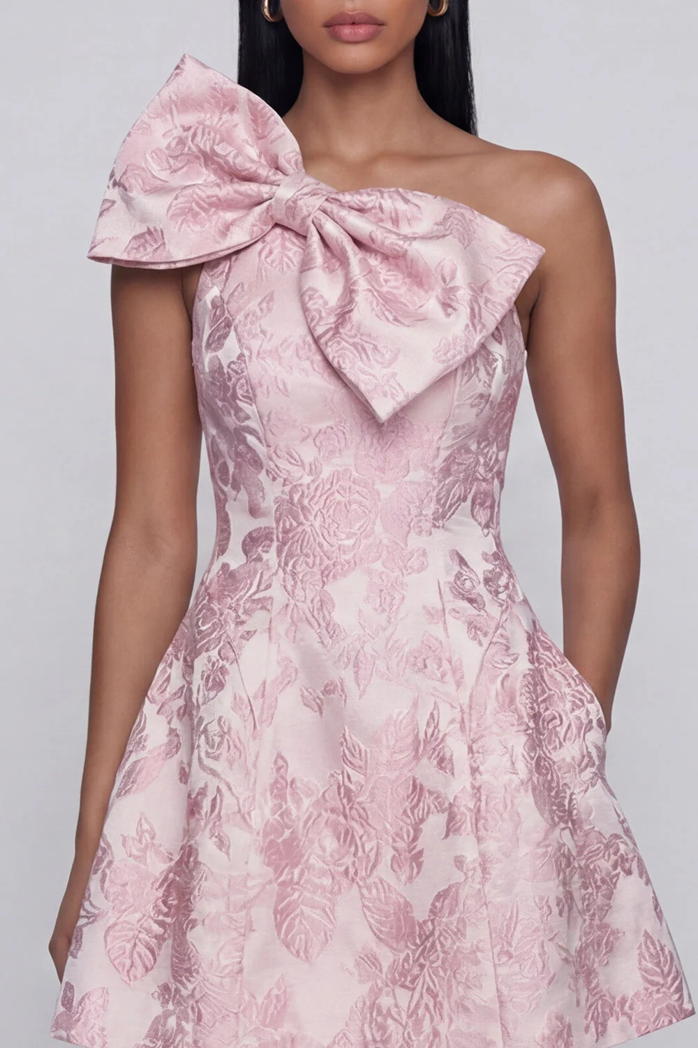 One Shoulder Jacquard A-Line Pink Mini Floral Dress With Bow - Image 4