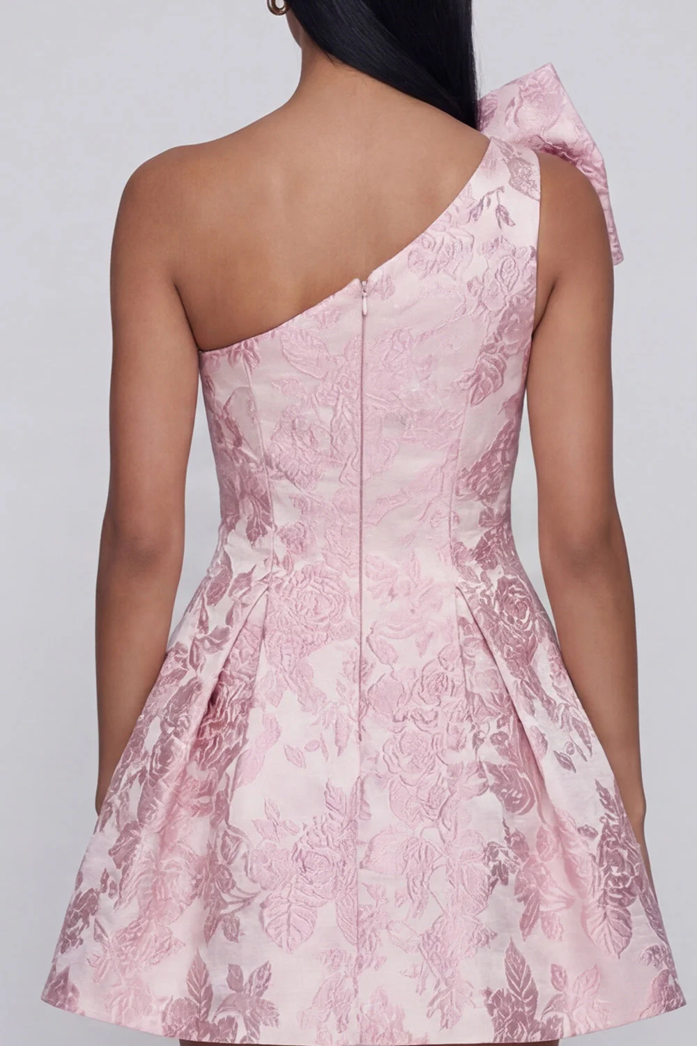 One Shoulder Jacquard A-Line Pink Mini Floral Dress With Bow - Image 5