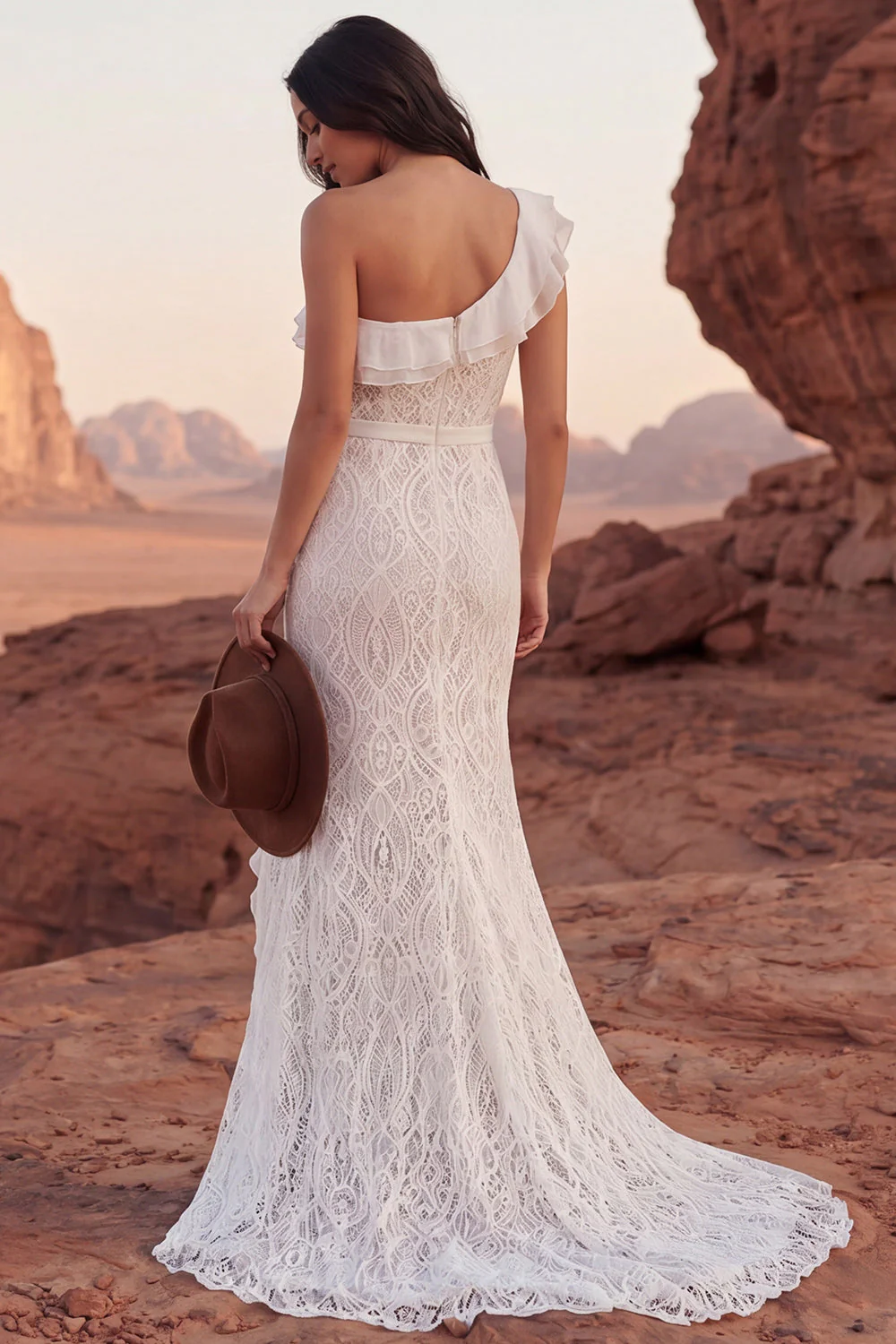 One Shoulder Ivory Mermaid Ruffled Boho Lace Wedding Dress with Slit - Image 2