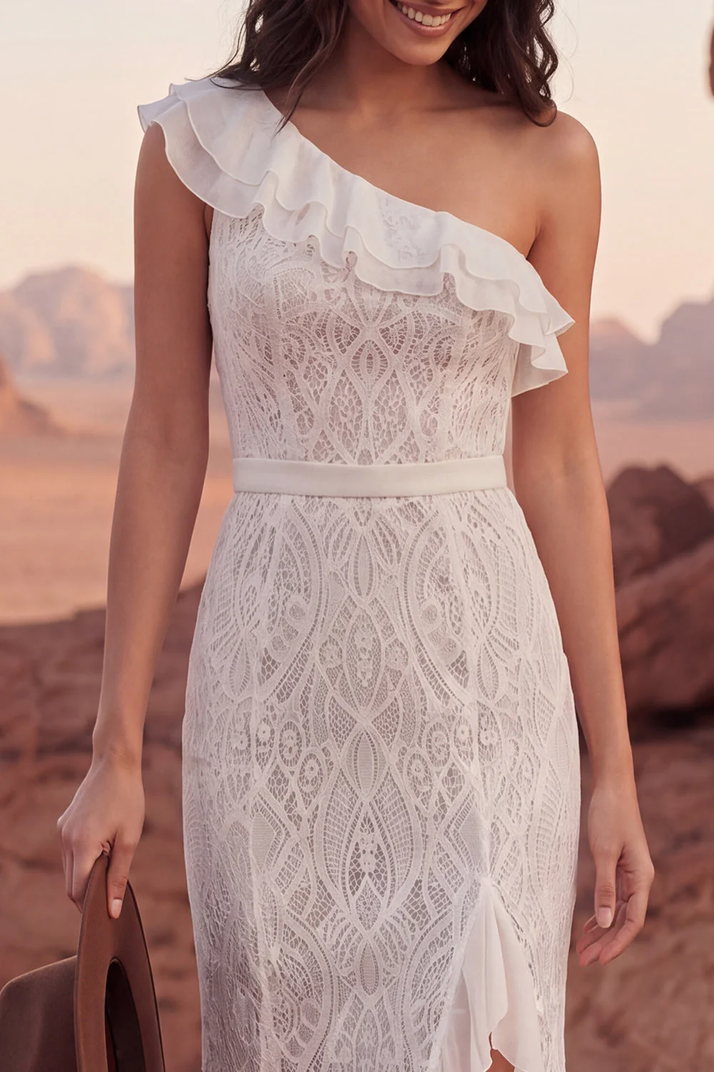 One Shoulder Ivory Mermaid Ruffled Boho Lace Wedding Dress with Slit - Image 3