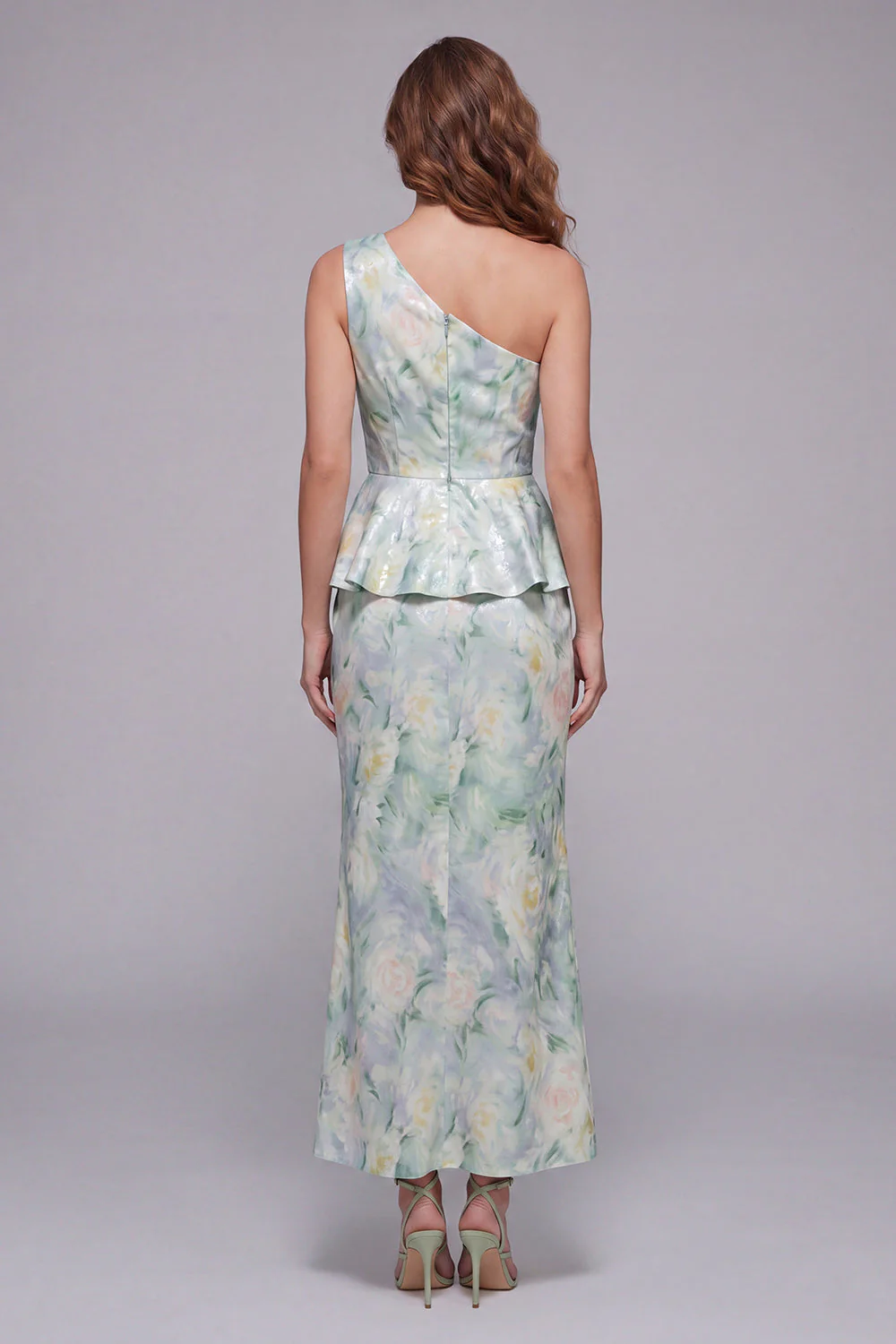 One Shoulder Light Green Sheath Printed Floral Dress - Image 2