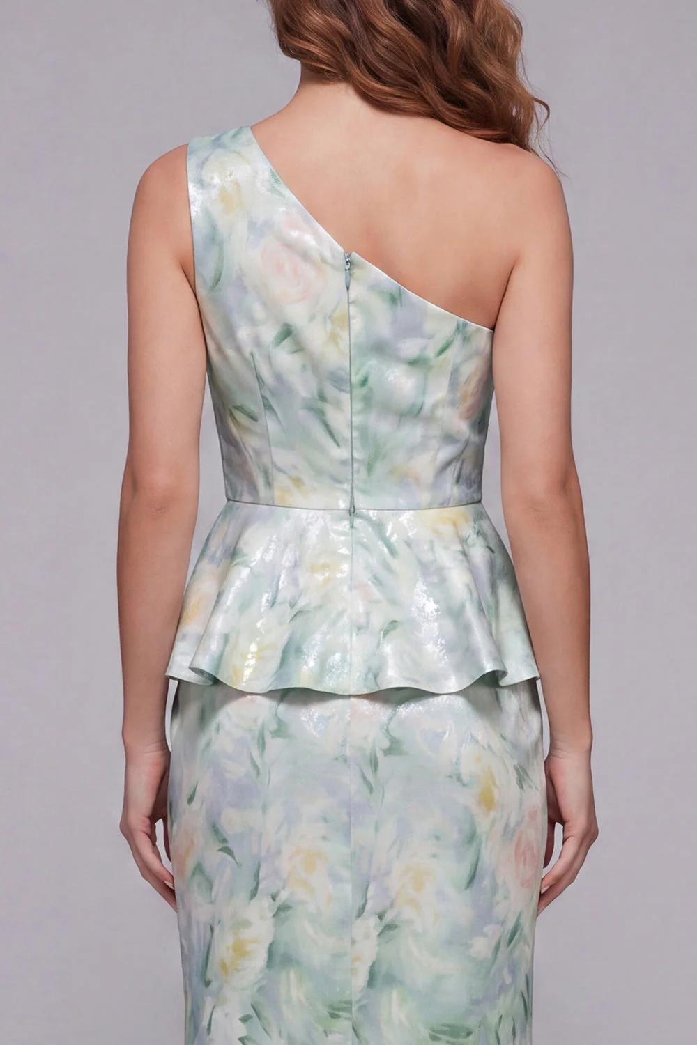 One Shoulder Light Green Sheath Printed Floral Dress - Image 4