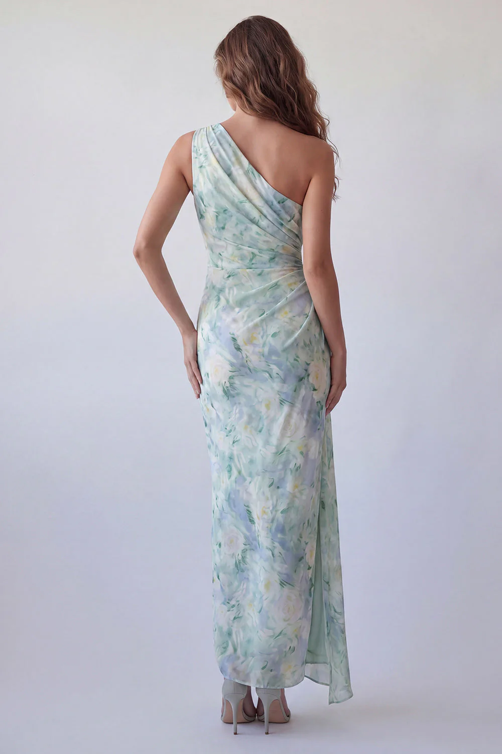 Light Green One Shoulder Ruched Sheath Floral Dress - Image 2