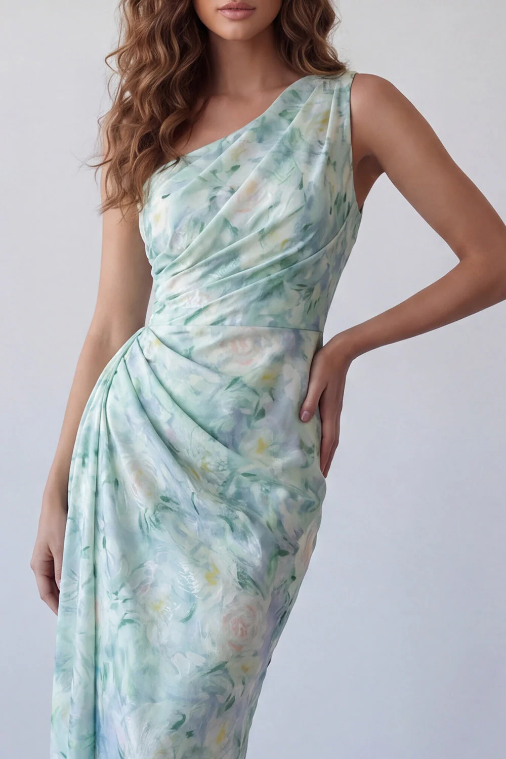 Light Green One Shoulder Ruched Sheath Floral Dress - Image 3