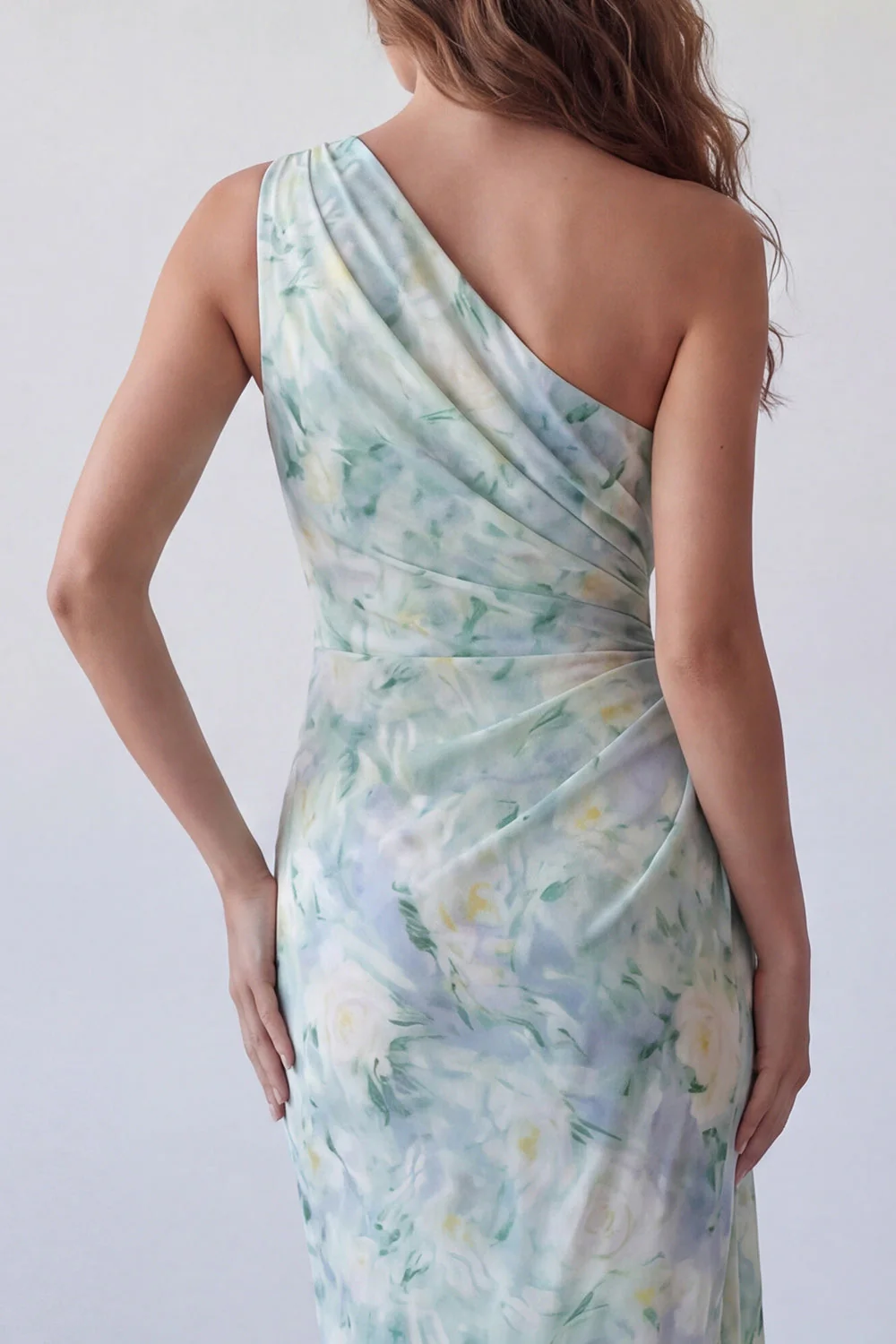 Light Green One Shoulder Ruched Sheath Floral Dress - Image 4