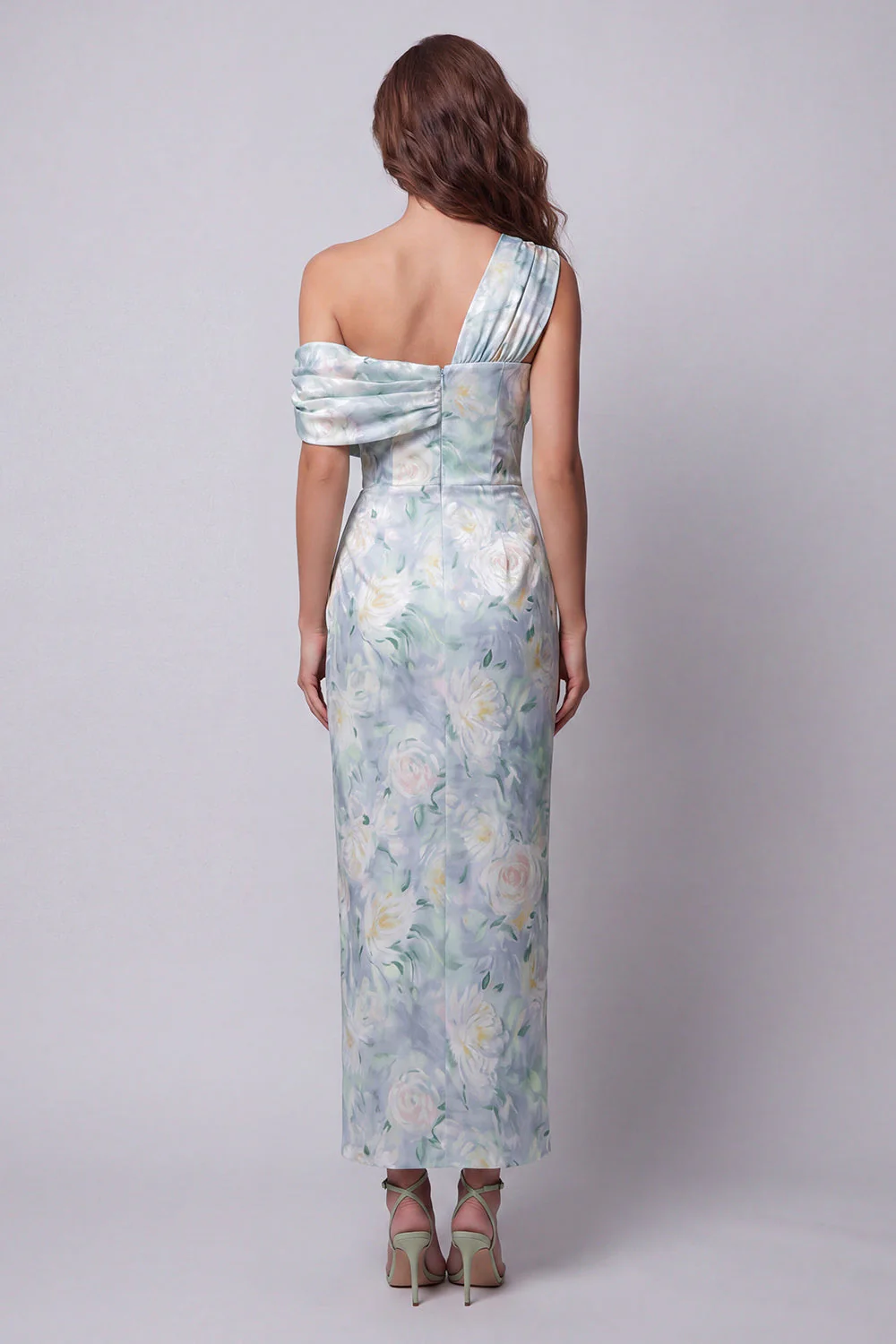 One Shoulder Light Green Sheath Printed Floral Dress - Image 2