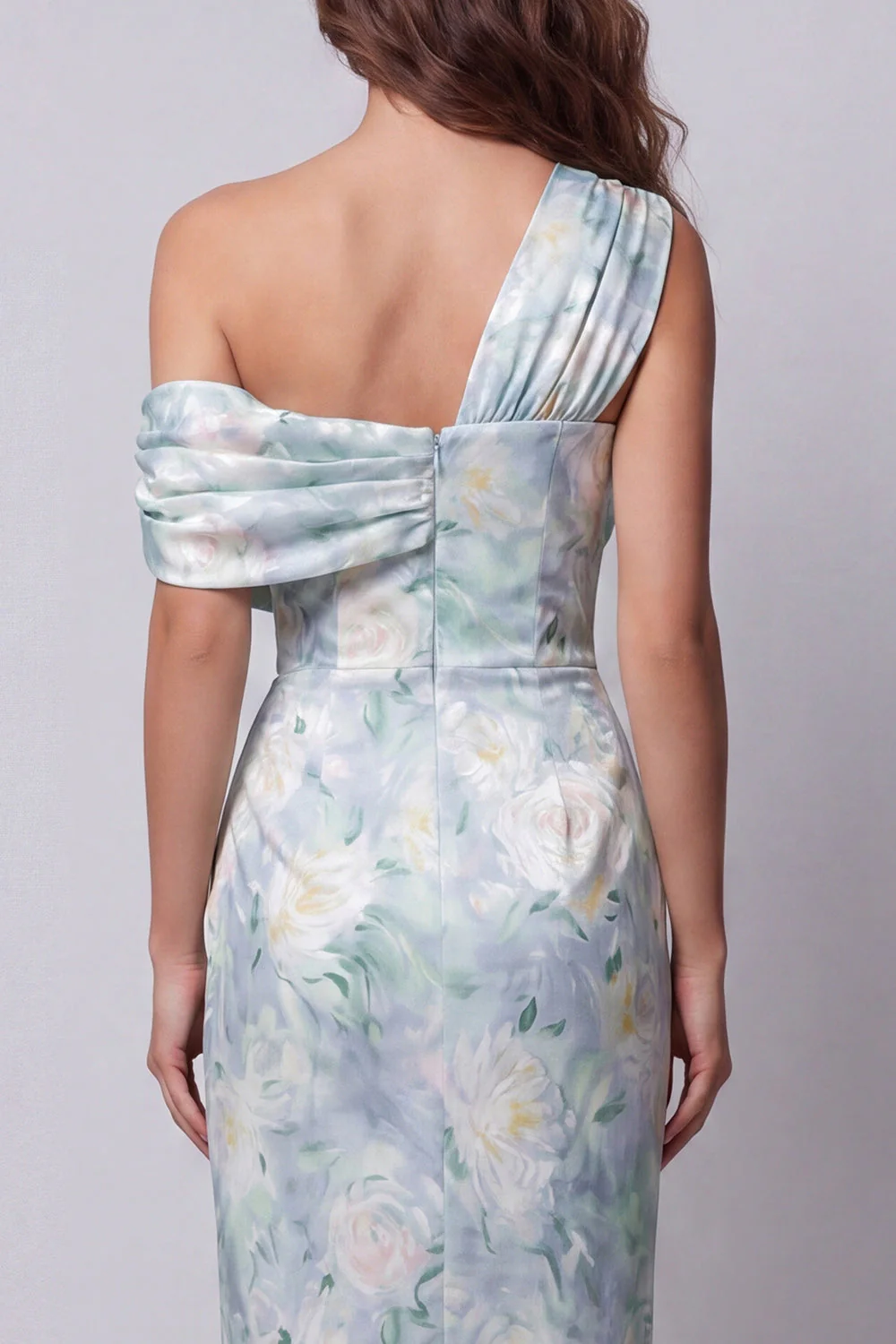 One Shoulder Light Green Sheath Printed Floral Dress - Image 4