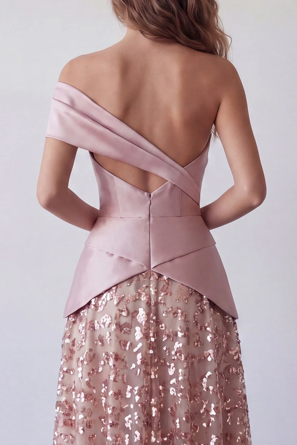 One Shoulder Light Purple A Line Long Evening Dress with Sequins - Image 4