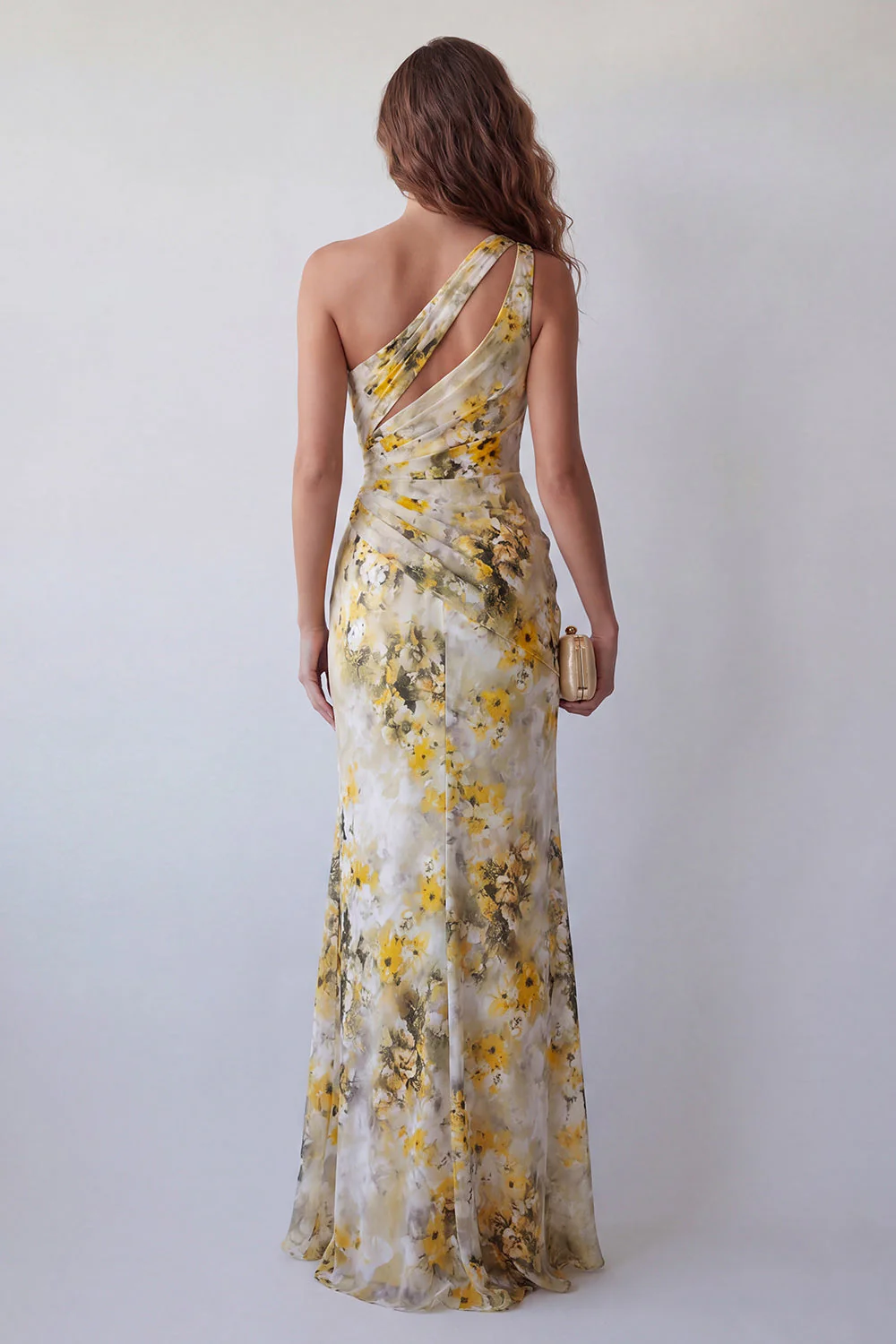 One Shoulder Mermaid Light Yellow Pleated Floral Dress - Image 2