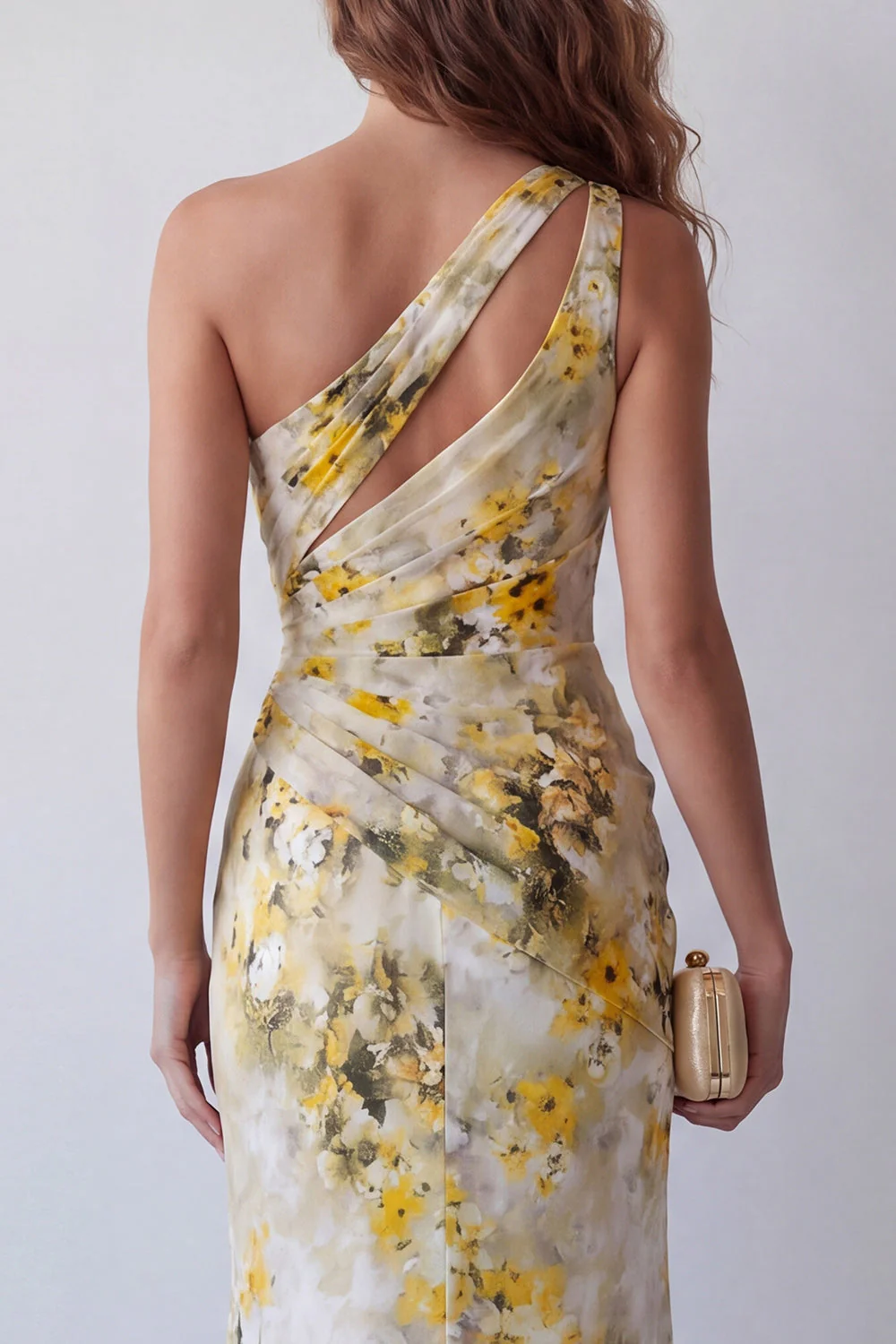 One Shoulder Mermaid Light Yellow Pleated Floral Dress - Image 4