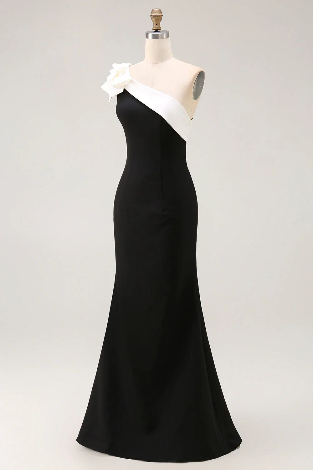 One Shoulder Mermaid Black Satin Long Formal Dress - Image 5