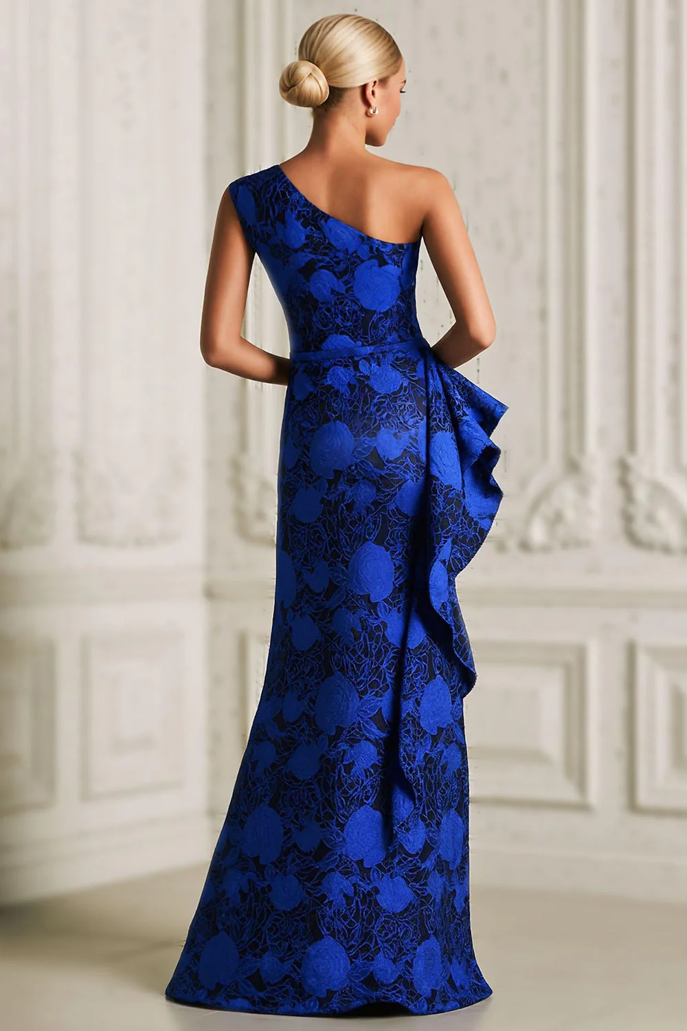 One Shoulder Mermaid Royal Blue Printed Mother of the Bride Dress with Slit - Image 2