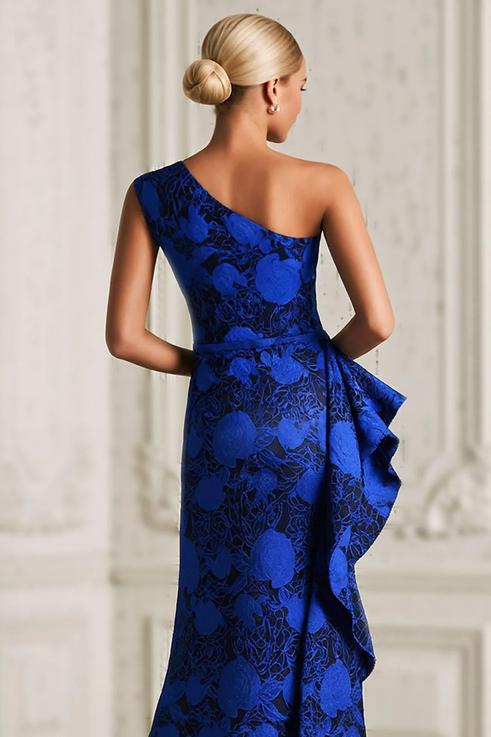 One Shoulder Mermaid Royal Blue Printed Mother of the Bride Dress with Slit - Image 4