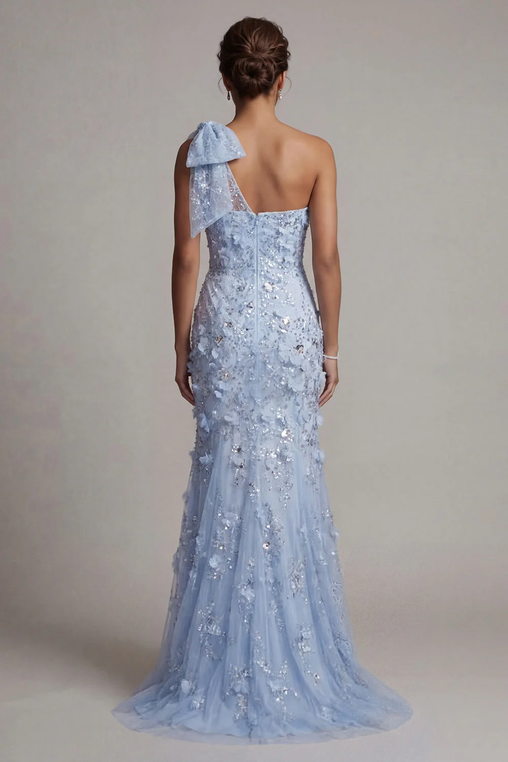 One Shoulder Mermaid Sky Blue Sequin Long Mother of the Bride Dress with 3D Flowers - Image 2