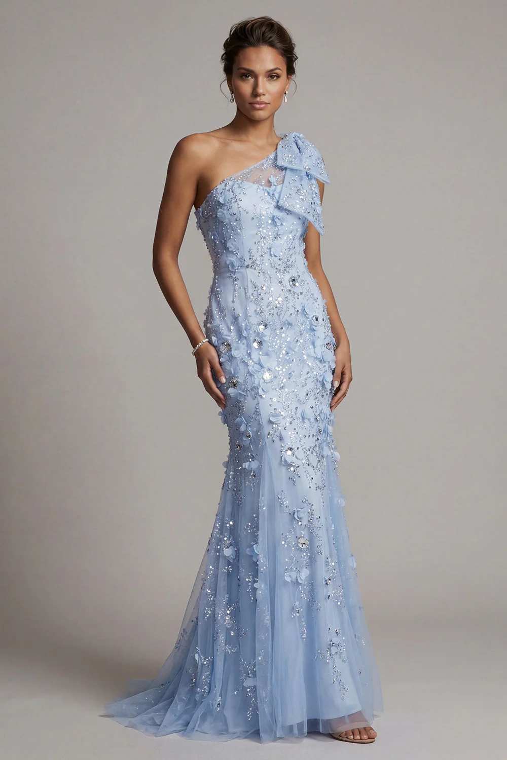 One Shoulder Mermaid Sky Blue Sequin Long Mother of the Bride Dress with 3D Flowers - Image 3