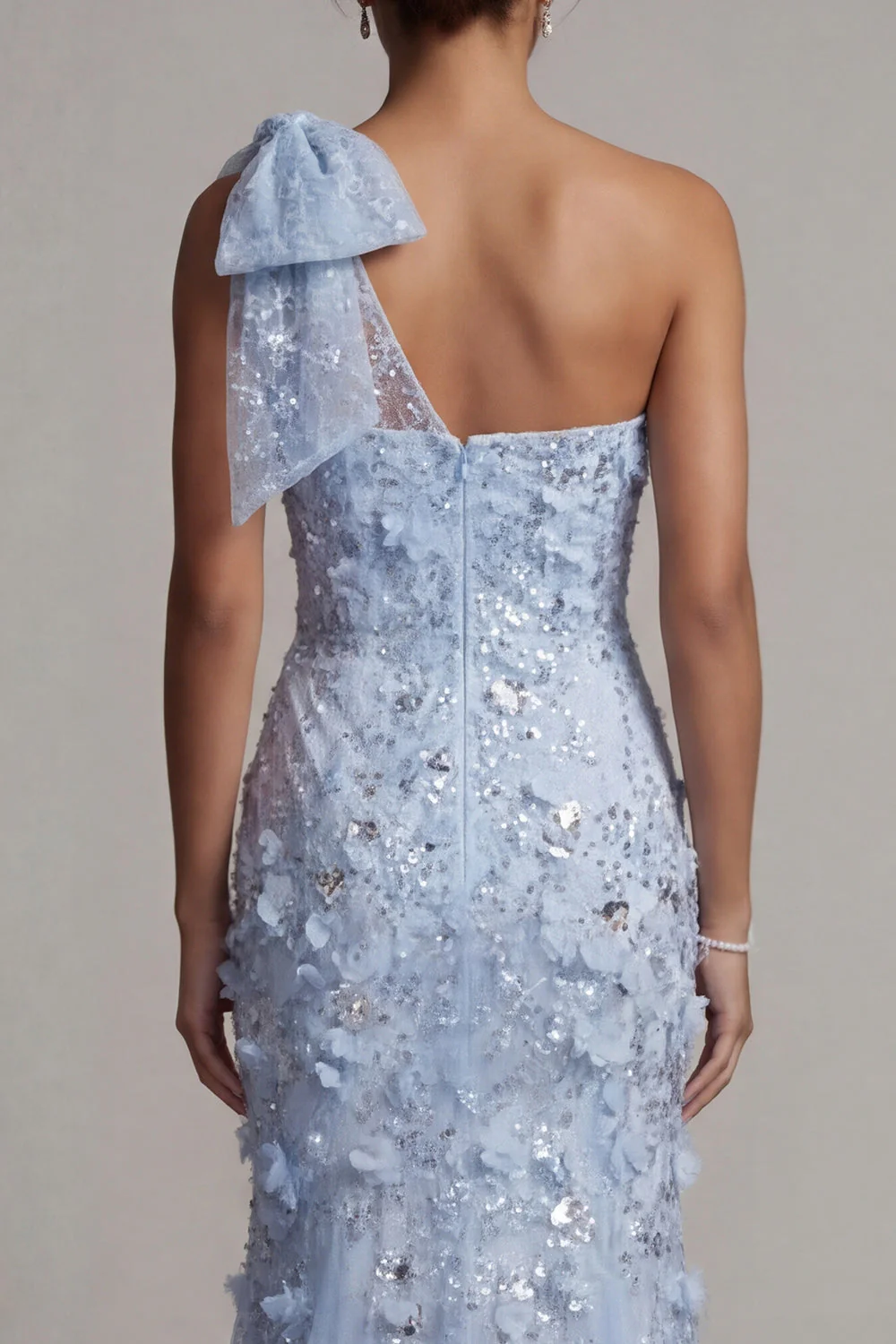 One Shoulder Mermaid Sky Blue Sequin Long Mother of the Bride Dress with 3D Flowers - Image 5