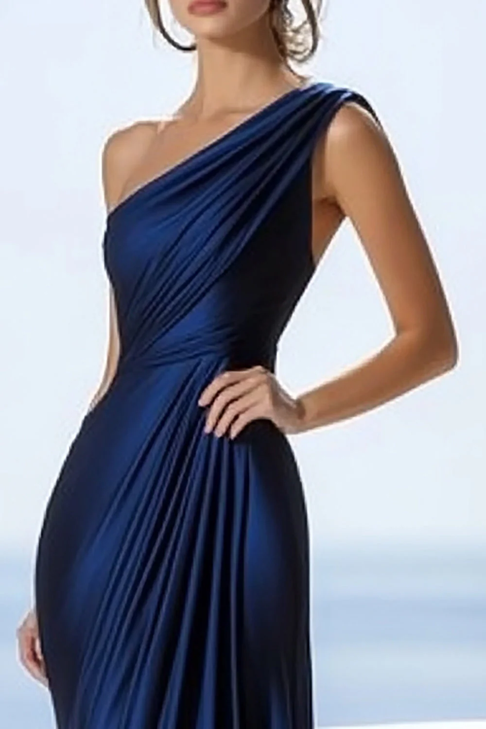 One Shoulder Navy Mermaid Ruched Evening Dress - Image 2