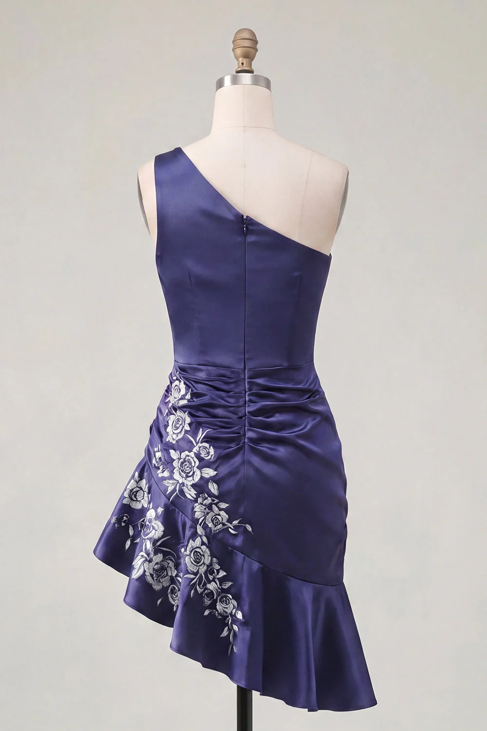 One Shoulder Navy Satin Bodycon Asymmetrical Mini Party Dress - Image 2