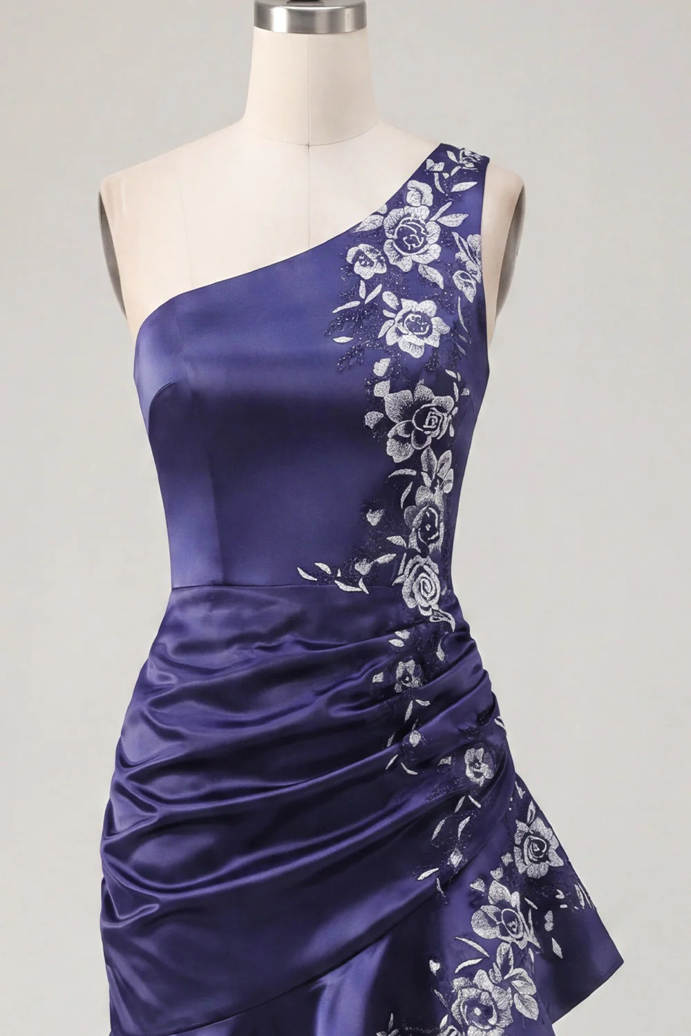 One Shoulder Navy Satin Bodycon Asymmetrical Mini Party Dress - Image 5