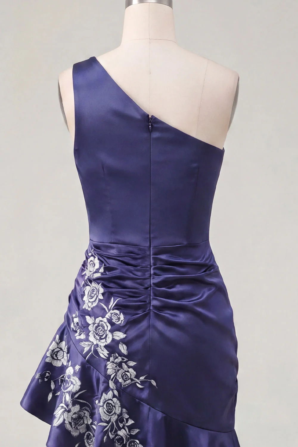 One Shoulder Navy Satin Bodycon Asymmetrical Mini Party Dress - Image 6