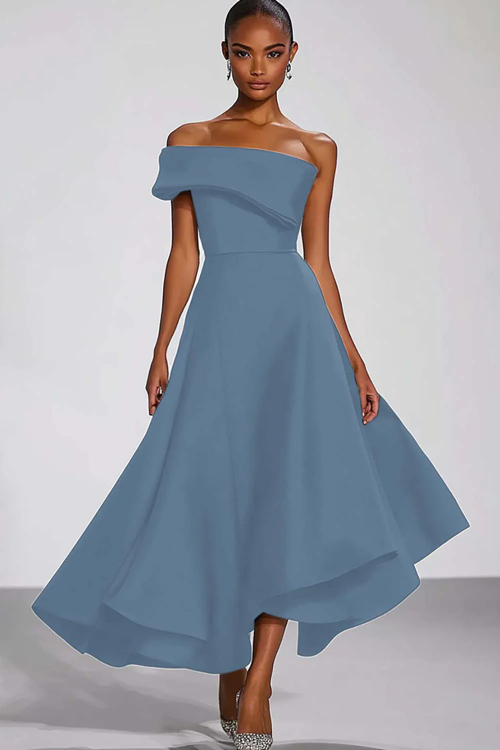 One Shoulder Navy Satin Evening Dress - Image 5