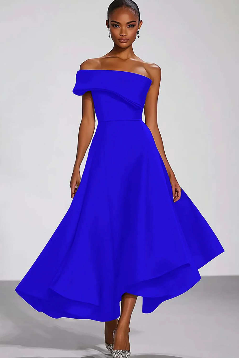 One Shoulder Navy Satin Evening Dress - Image 7