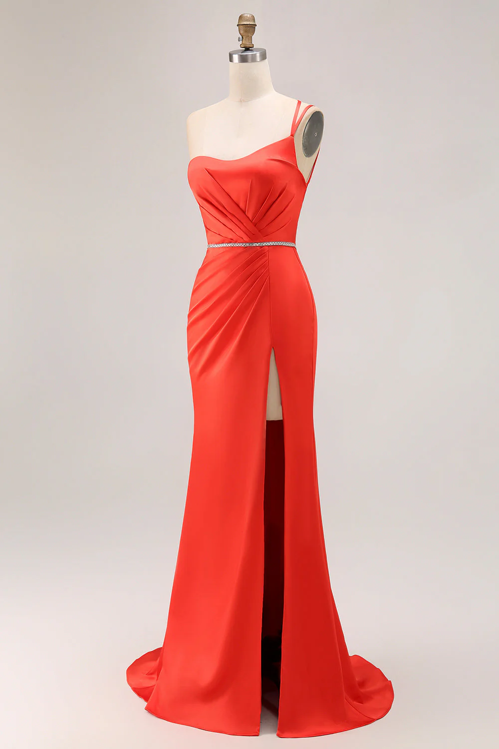 One Shoulder Orange Mermaid Beaded Long Prom Dress With Slit - Image 3