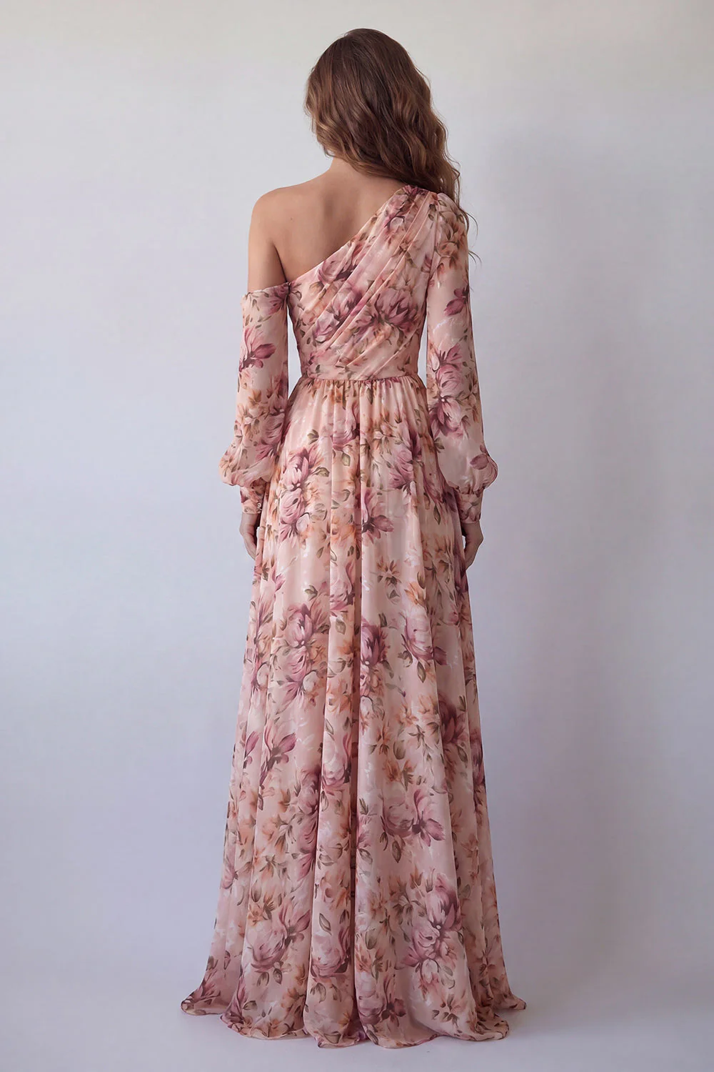 Pink One Shoulder Printed A Line Long Sleeves Floral Dress with Slit - Image 2