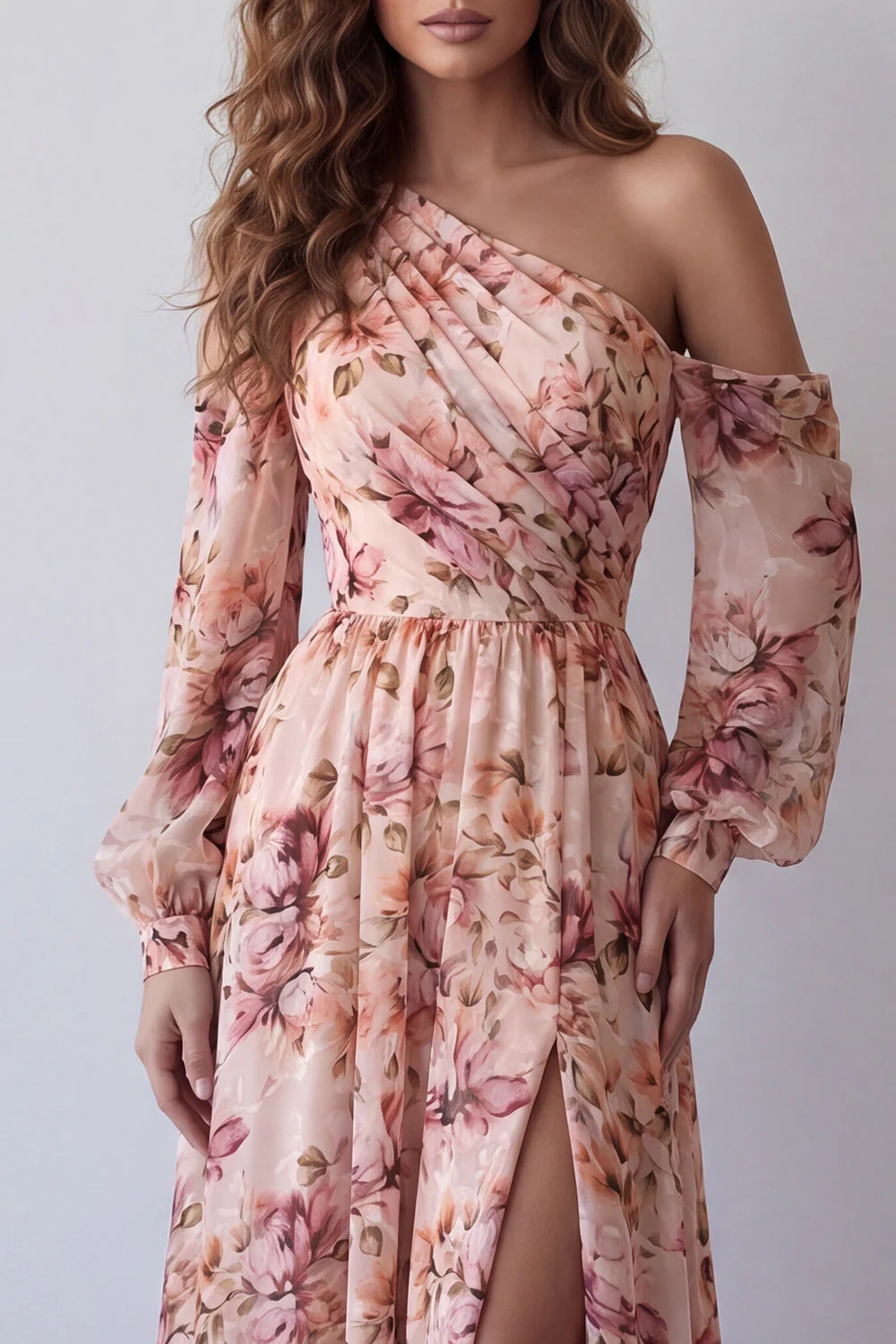 Pink One Shoulder Printed A Line Long Sleeves Floral Dress with Slit - Image 3