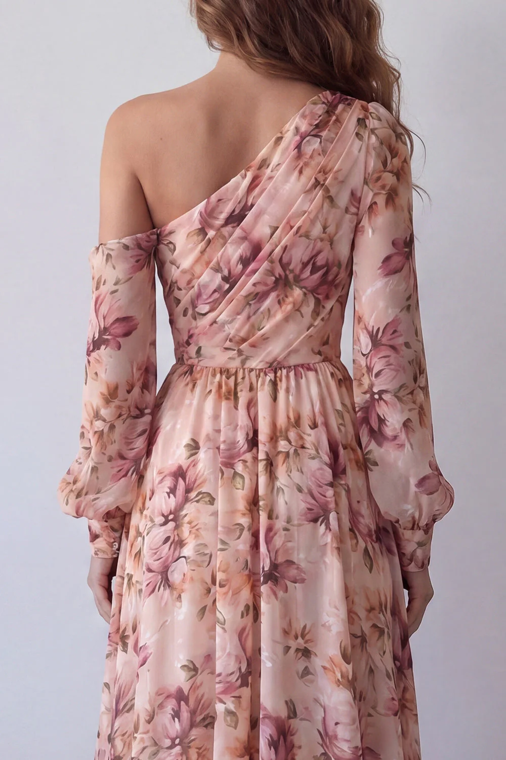 Pink One Shoulder Printed A Line Long Sleeves Floral Dress with Slit - Image 4