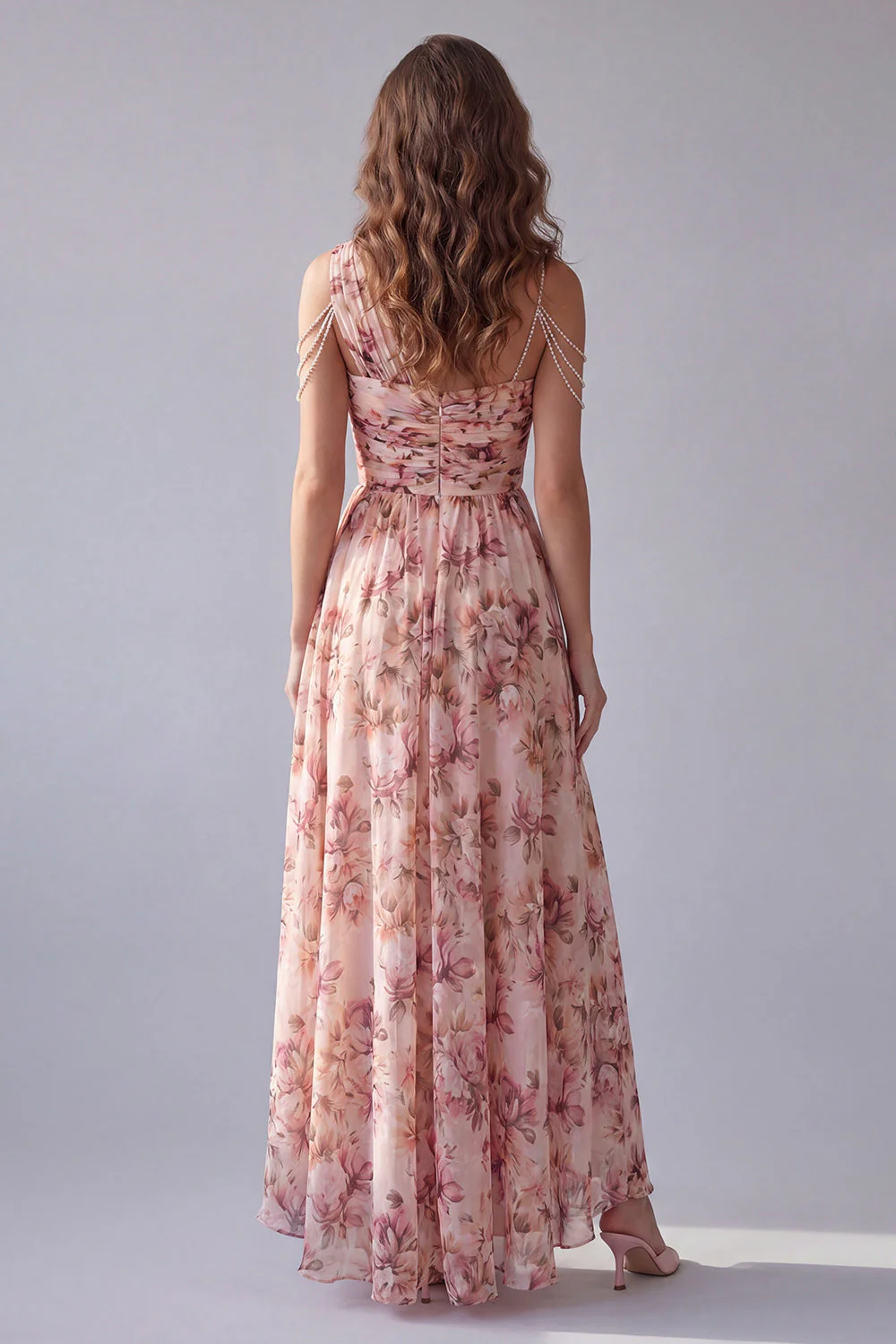 One Shoulder Pink A Line Printed Maxi Floral Dress - Image 2