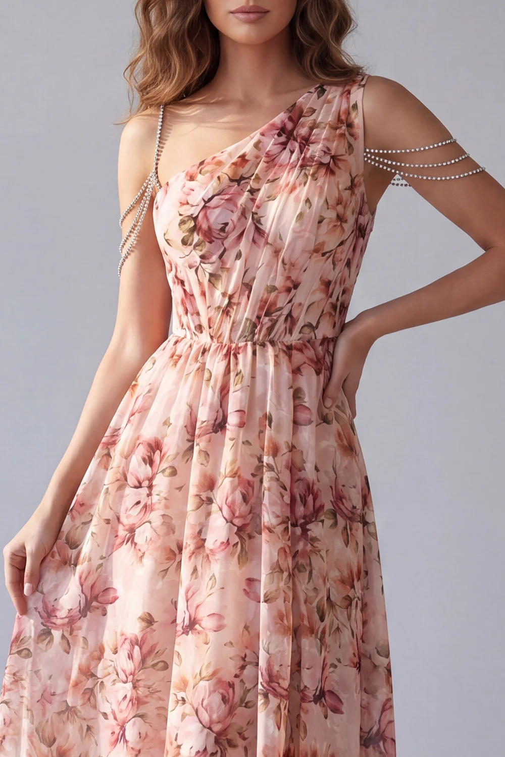 One Shoulder Pink A Line Printed Maxi Floral Dress - Image 3