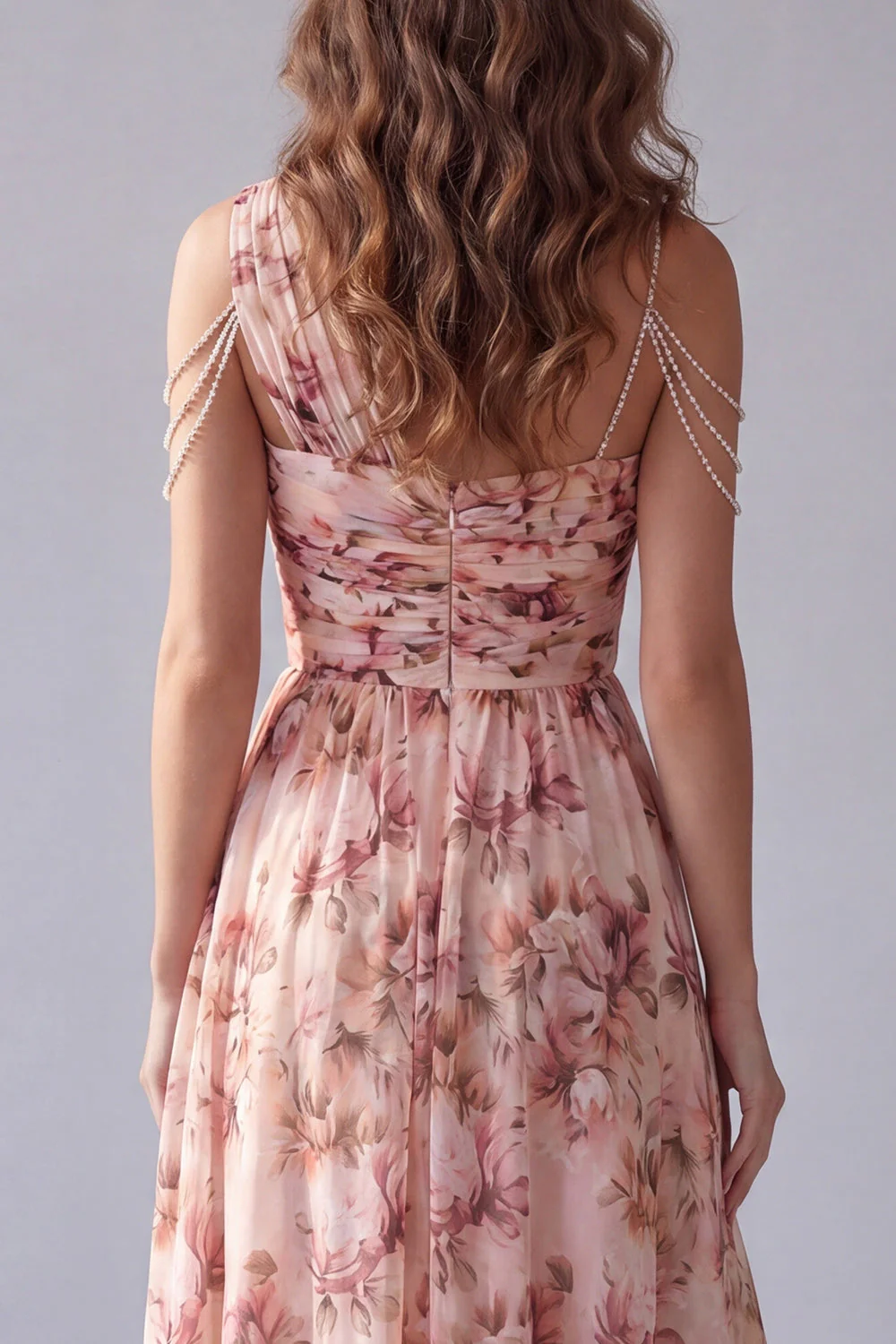 One Shoulder Pink A Line Printed Maxi Floral Dress - Image 4
