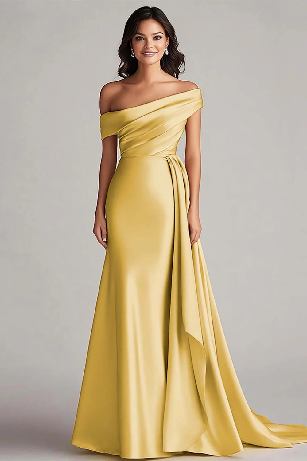 One Shoulder Pleated Champagne Sheath Long Evening Dress - Image 10