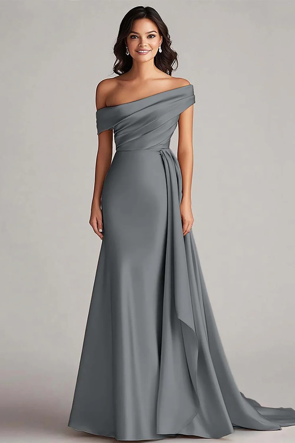 One Shoulder Pleated Champagne Sheath Long Evening Dress - Image 11