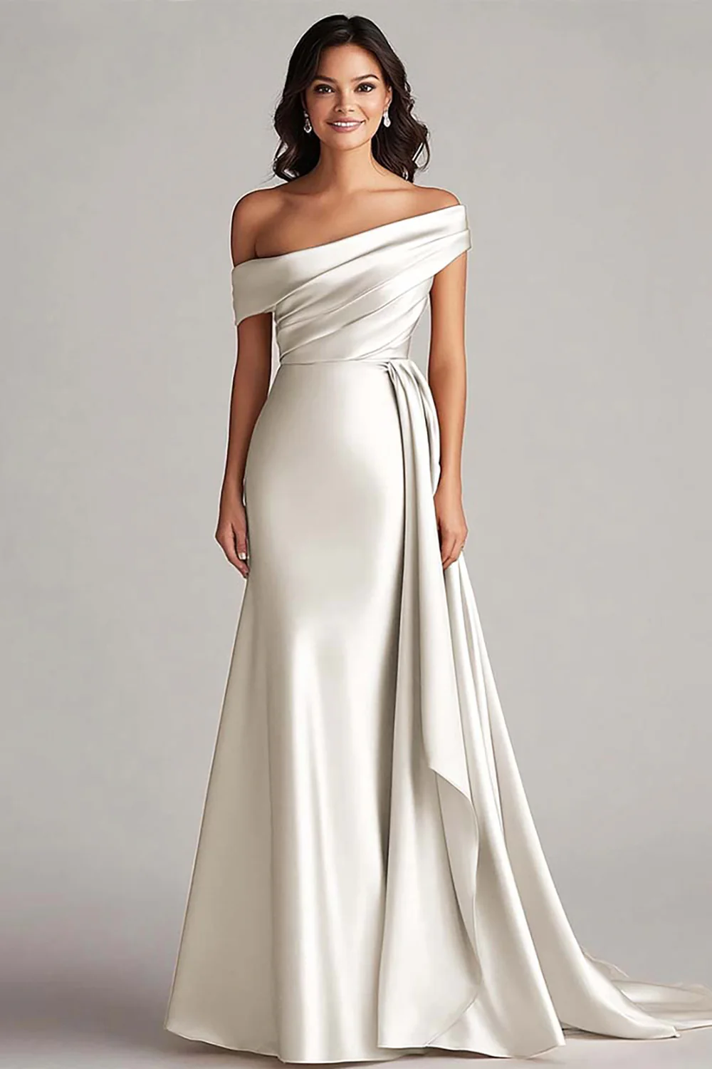 One Shoulder Pleated Champagne Sheath Long Evening Dress - Image 12