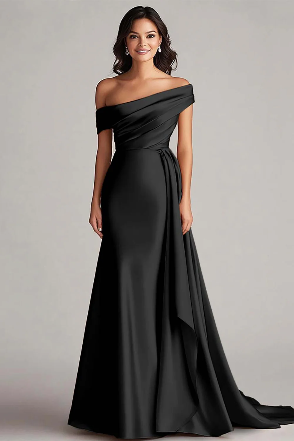 One Shoulder Pleated Champagne Sheath Long Evening Dress - Image 3