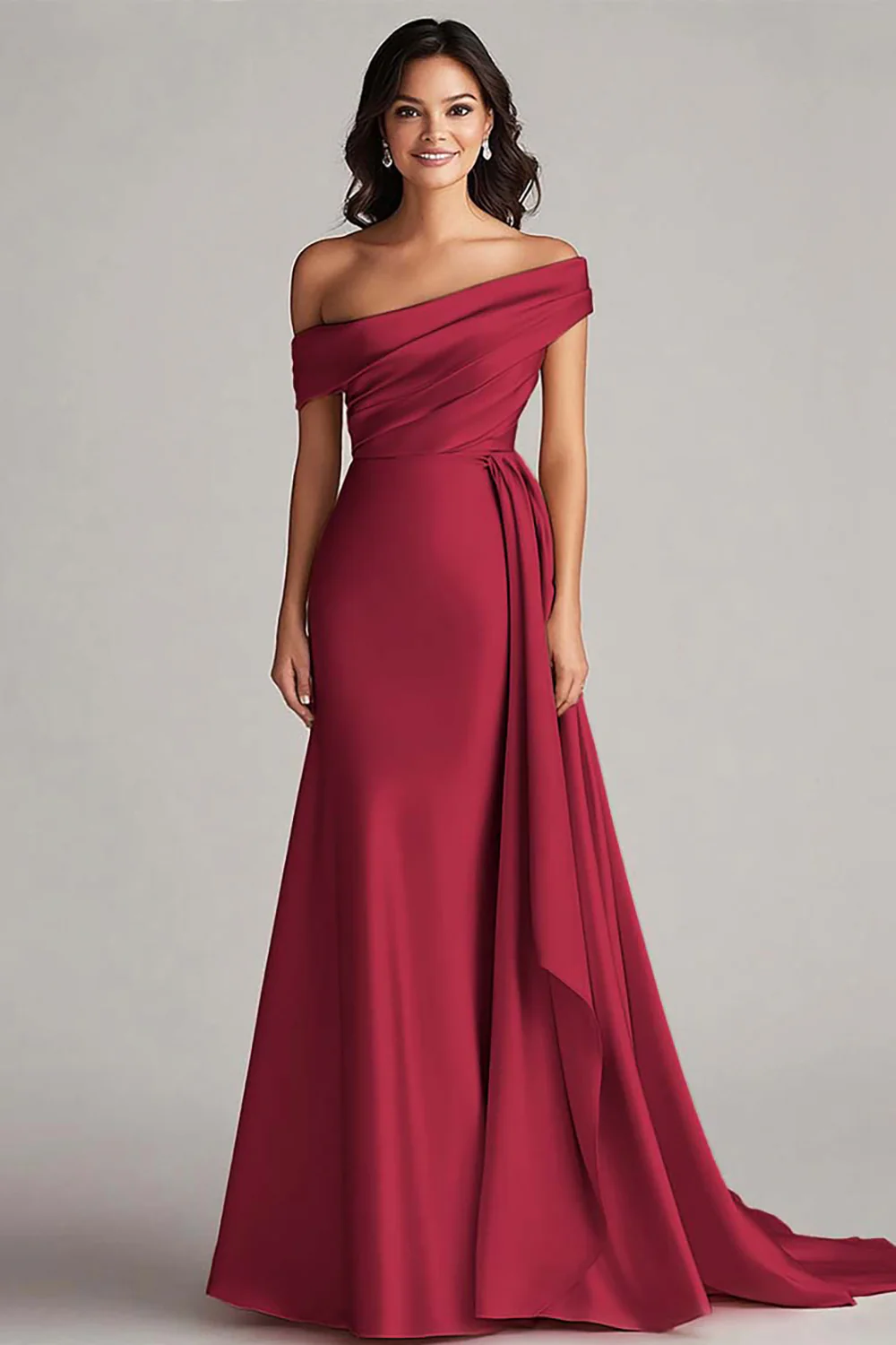 One Shoulder Pleated Champagne Sheath Long Evening Dress - Image 4