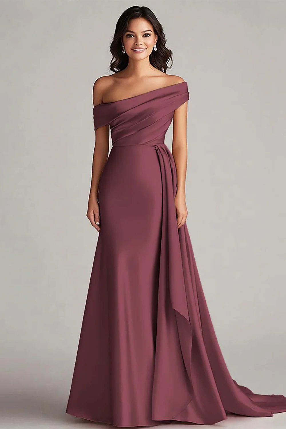 One Shoulder Pleated Champagne Sheath Long Evening Dress - Image 5