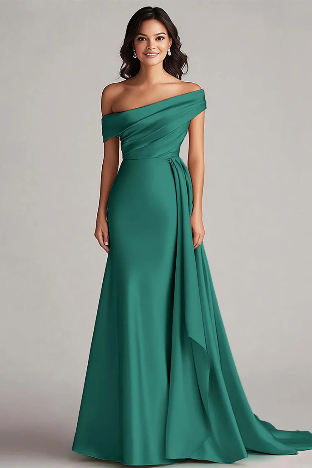 One Shoulder Pleated Champagne Sheath Long Evening Dress - Image 6