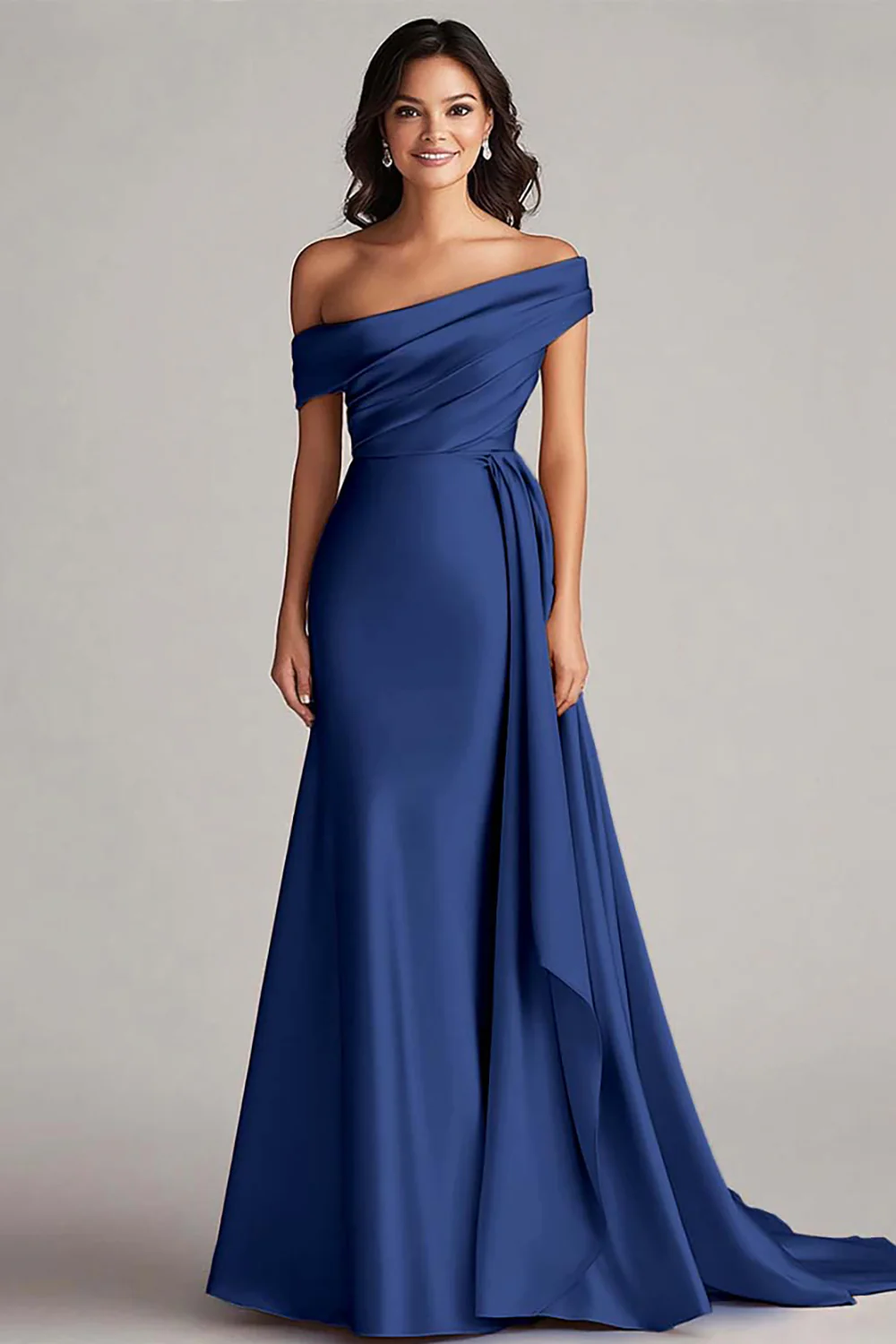 One Shoulder Pleated Champagne Sheath Long Evening Dress - Image 7