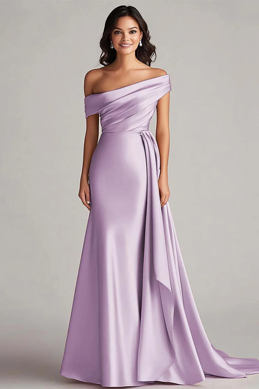 One Shoulder Pleated Champagne Sheath Long Evening Dress - Image 8