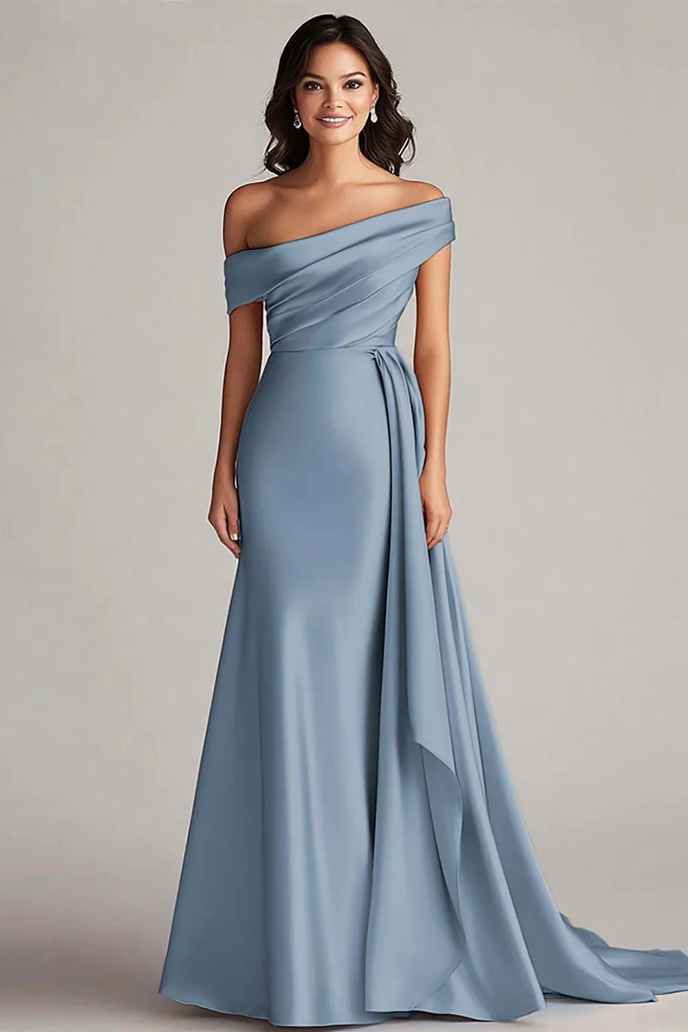 One Shoulder Pleated Champagne Sheath Long Evening Dress - Image 9