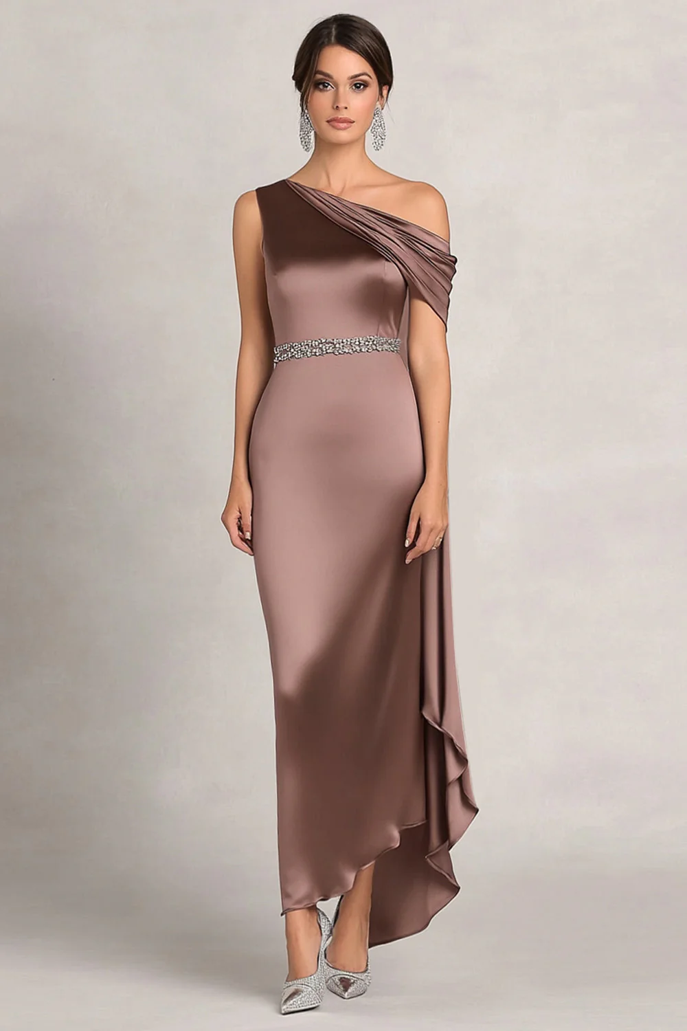 One Shoulder Sheath Beaded Taupe Satin Long Choir Dress - Image 2
